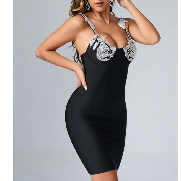 Stunning Rhinestone Detail Tie Shoulder Bustier Cami Bodycon Black Dress - Picture 7 of 7